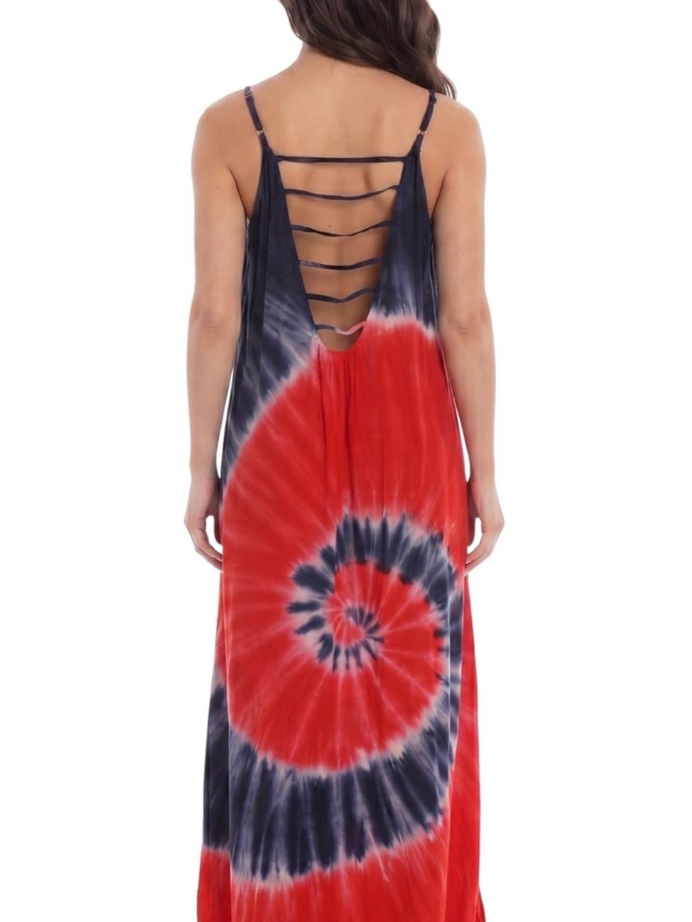 Tie-Dye Spiral Maxi Dress with Strappy Back - Red & Navy